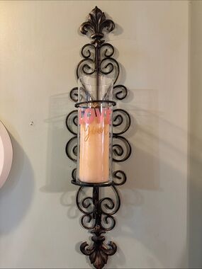 Decorative Wall Sconce with Glass Hurricane & Pink "Love You" Candle Holder